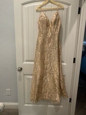 Adore Champagne Gold Beaded Spaghetti Strap Prom Dress